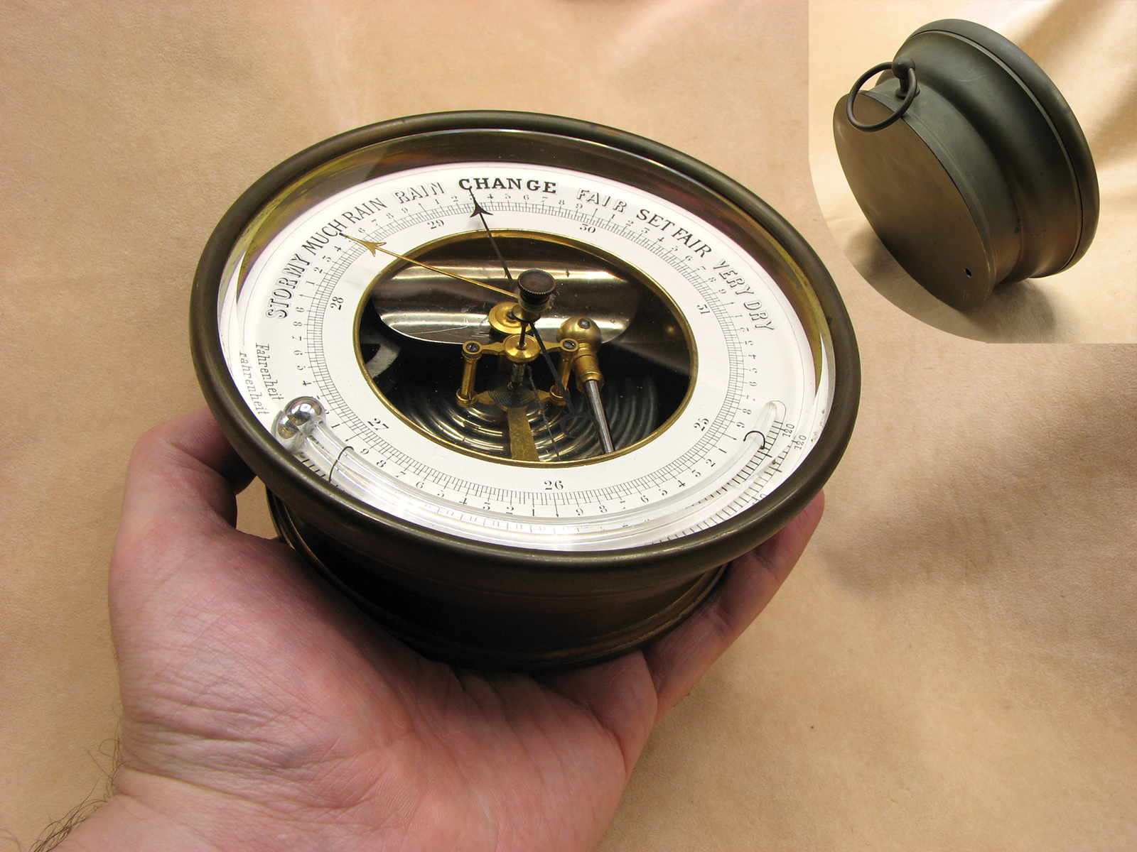 19th century aneroid barometer with curved thermometer